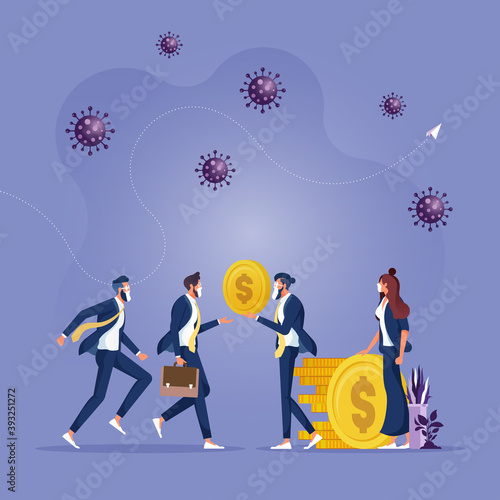 COVID-19 Coronavirus outbreak financial crisis help policy, business people entrepreneur manager take money from government and give salary to employees, virus pathogen, government help pay salary