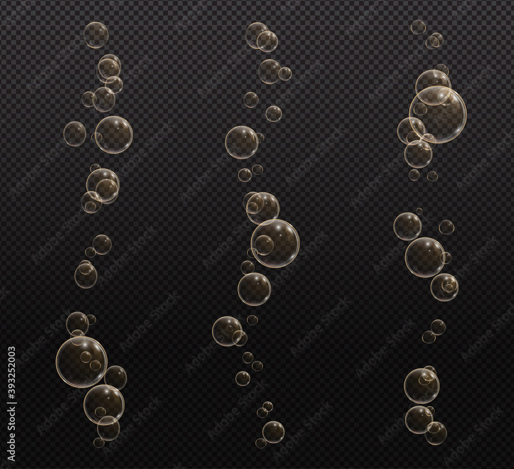 Gold fizzy bubbles. Sparkles champagne. Fizzy pop and effervescent drink. Abstract fresh soda and air bubbles, oxygen, champagne crystal. Vector illustration on black transparent background. Gold fizzy bubbles. Sparkles champagne. Fizzy pop and effervescent drink. Abstract fresh soda and air bubbles, oxygen, champagne crystal. Vector illustration on black transparent background.