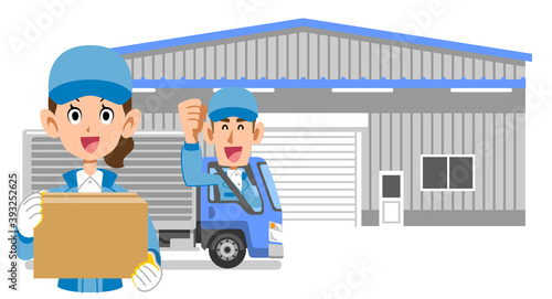 倉庫と荷物を持った女性と男性トラックドライバー
