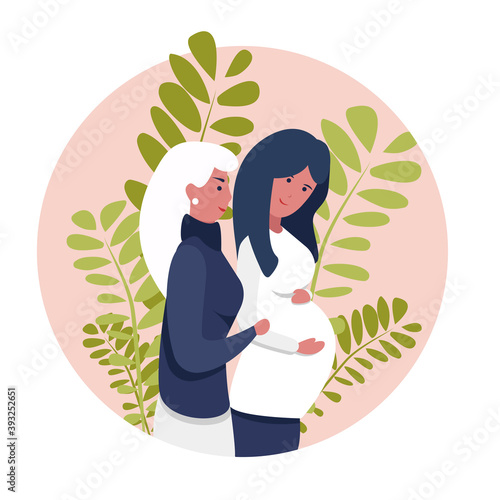 Homosexual female lgbt couple. Two gay women rejoice that they will have a baby. Non-traditional family. woman hugs her pregnant wife, love between women, lesbians, couple of women expecting a baby.