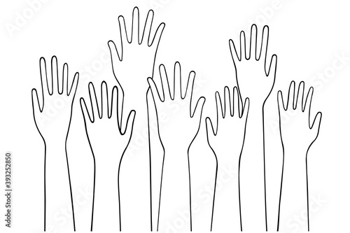 Many hands raised up. Hand-drawn vector illustration. Black outlines isolated on a white background.