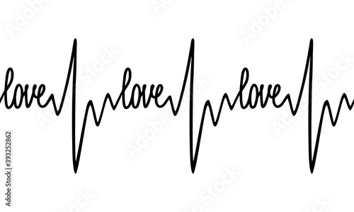 A stylized cardiogram with a heart rhythm and the word "love". Seamless rhythm of a loving heart. A hand drawn vector illustration in doodling style. Isolated on a white background.
