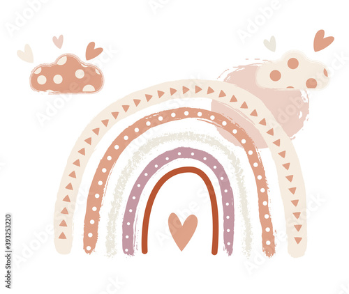 Scandinavian Boho Nursery Rainbow Print For Playroom With Neutral Gender Colors. Sun and Clouds.
