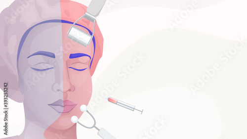 Vector illustration banner concept of cosmetic procedures, injections and plastic surgery. Close-up woman face, massage tools and syringe and place for text
