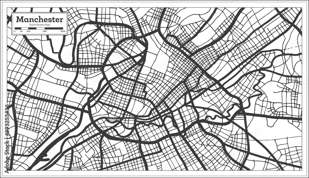 Manchester Great Britain City Map in Black and White Color in Retro Style. Outline Map.