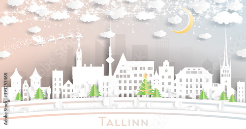 Tallinn Estonia City Skyline in Paper Cut Style with Snowflakes, Moon and Neon Garland.