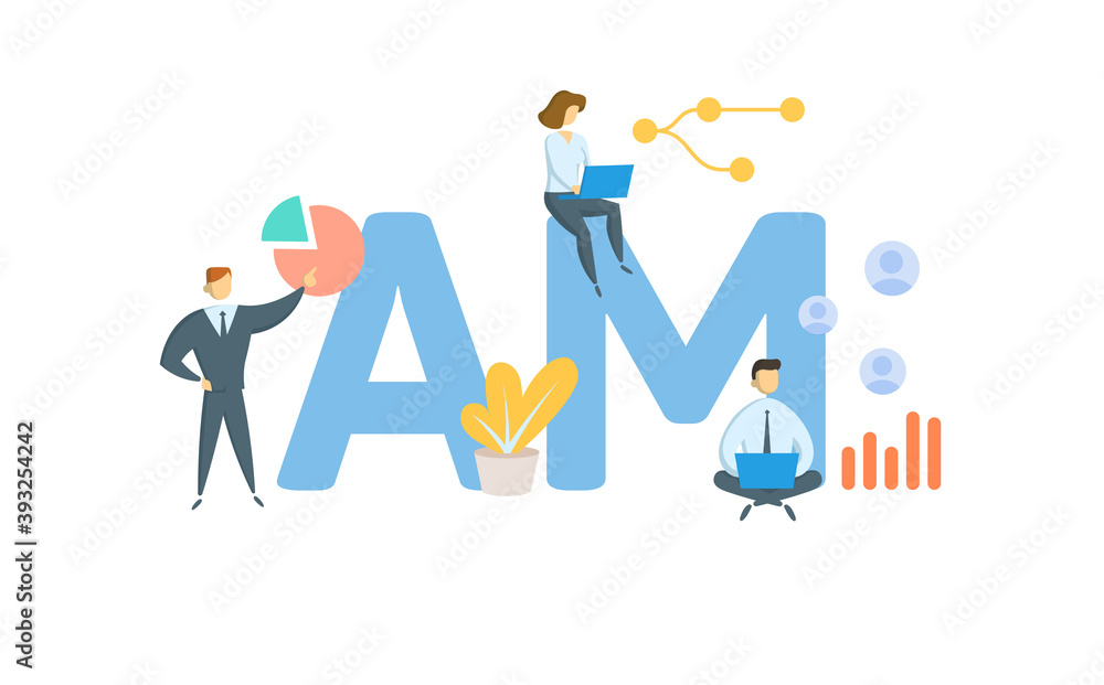 AM, Account Manager. Concept with keywords, people and icons. Flat vector illustration. Isolated on white background.