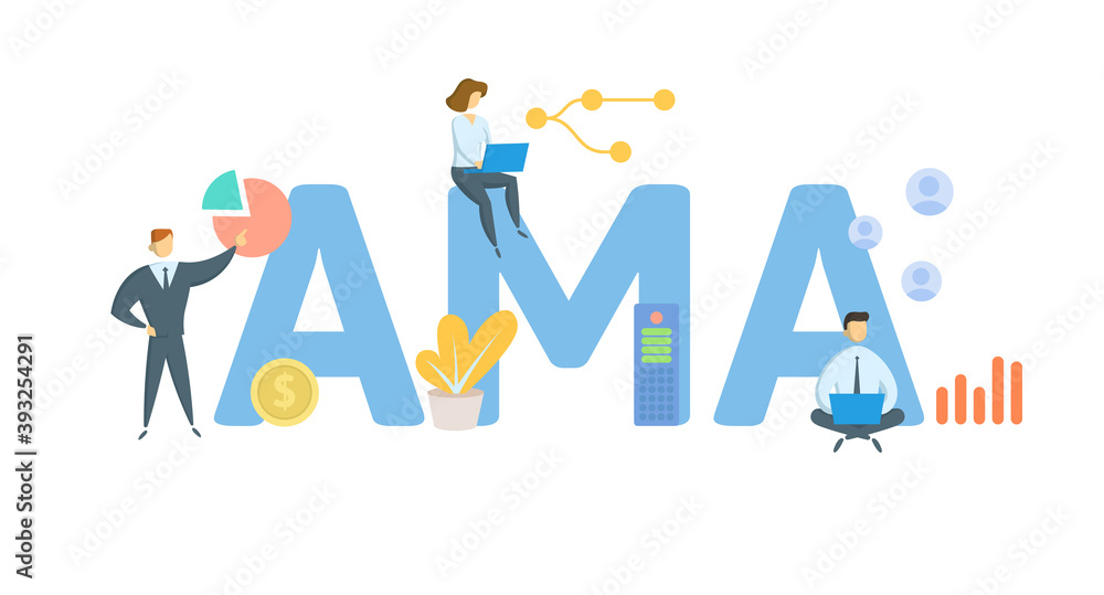 AMA, American Management Association. Concept with keywords, people and icons. Flat vector illustration. Isolated on white background.