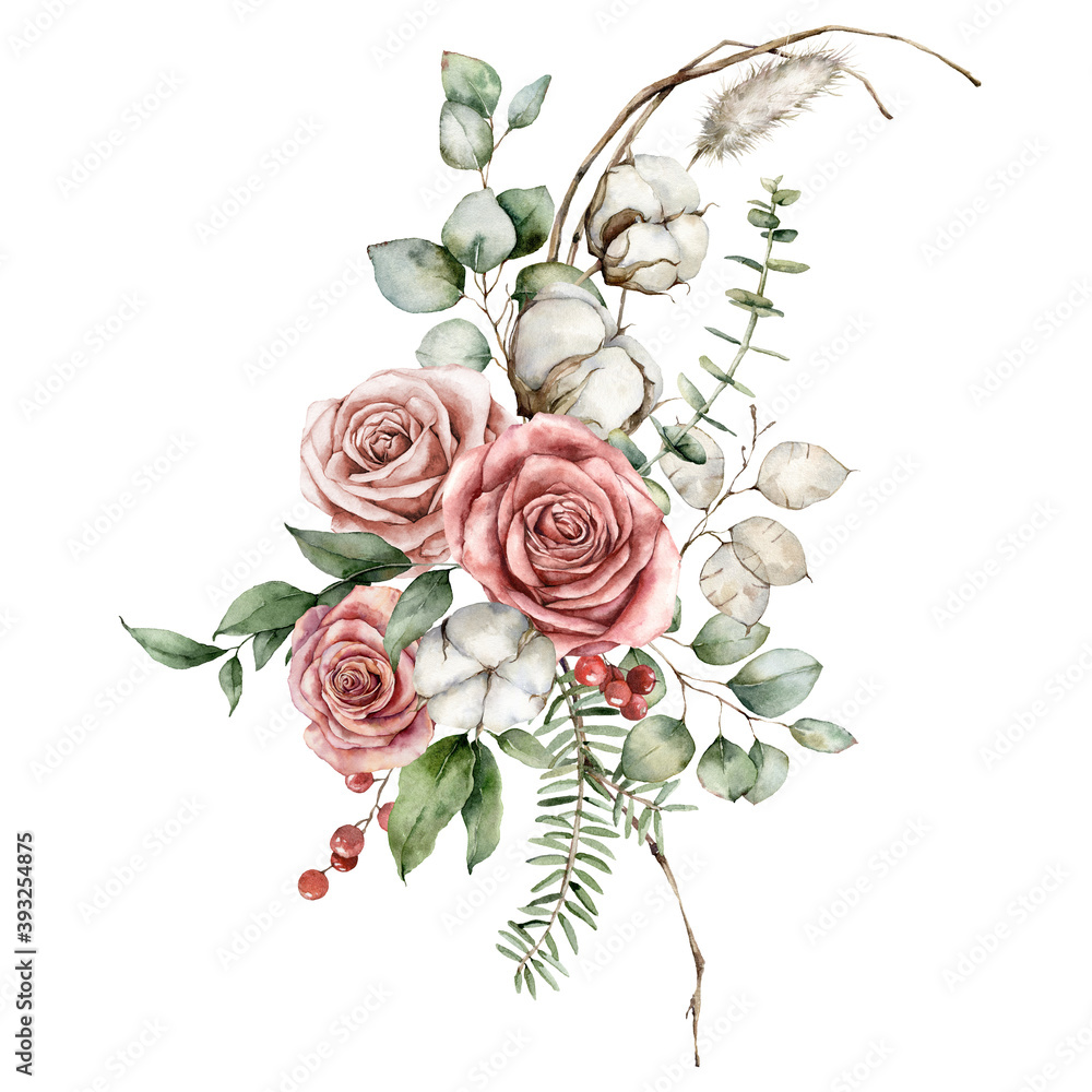 Watercolor Christmas bouquet of dried flowers with eucalyptus, lagurus, pink roses and cotton. Hand painted holiday card isolated on white background. Illustration for design, print or background.