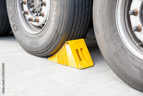 BERLIN, GERMANY - Aug 15, 2020: Drag shoe on a truck tire