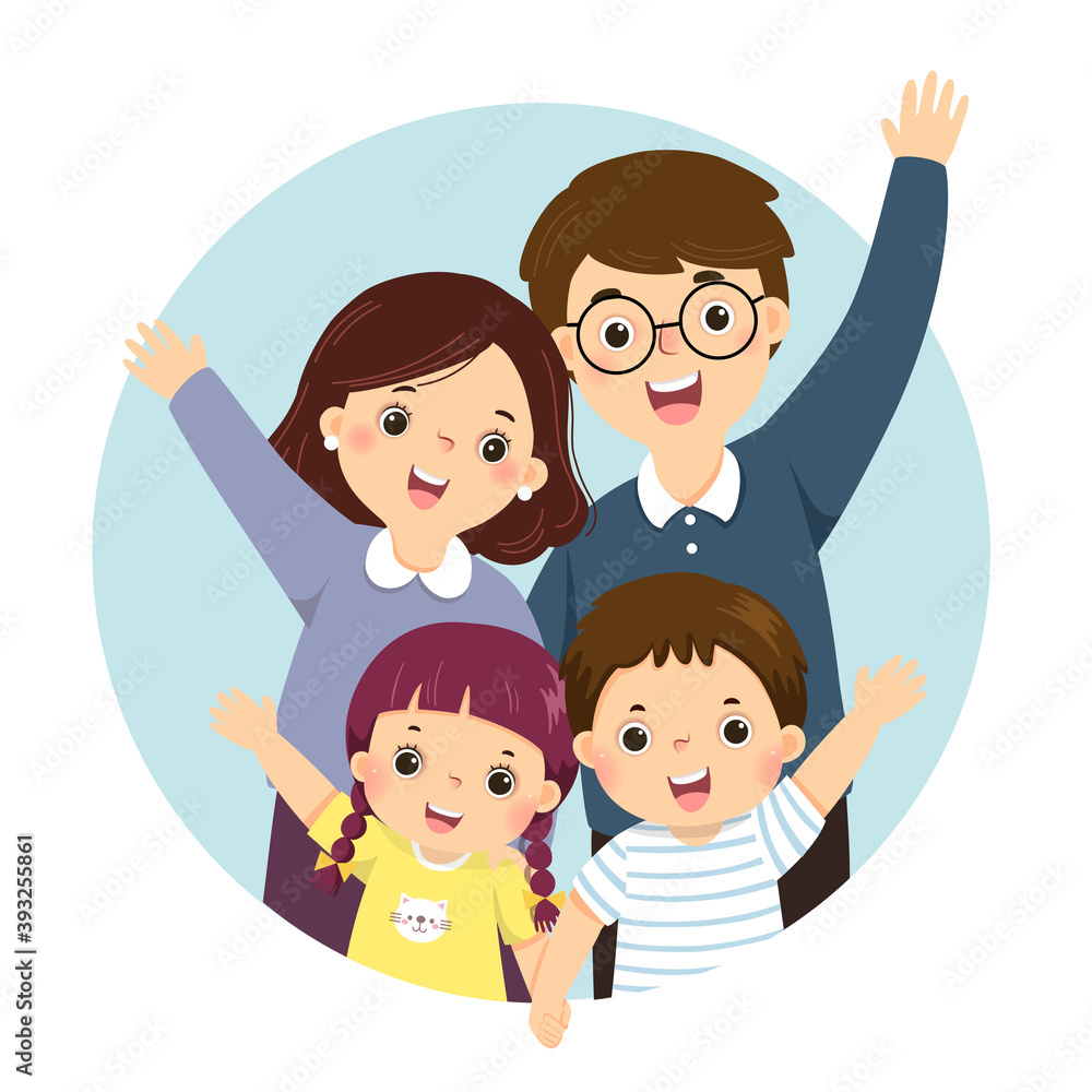 Vector illustration cartoon of a portrait of four members happy family raising up hands. Parents with kids. Vector illustration cartoon of a portrait of four members happy family raising up hands. Parents with kids.