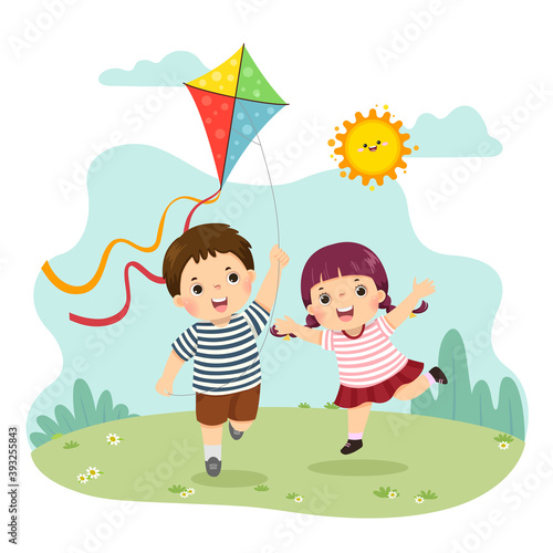 Vector illustration cartoon of a little boy and girl flying the kite. Siblings playing together.