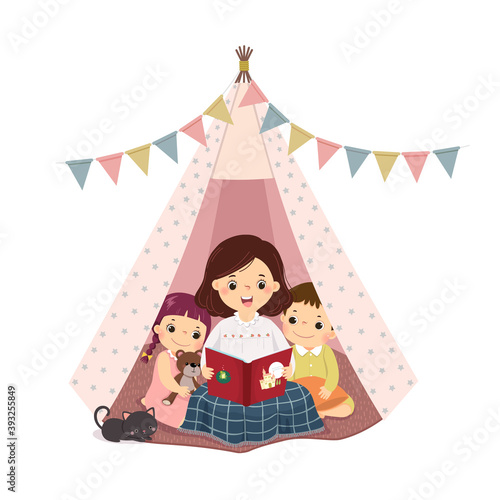 Vector illustration cartoon of a mother reading book and telling story with son and daughter in the teepee tent.