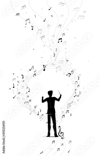 Vector silhouette of conductor standing with flying music note . Concept background for orchestra concert and recreation.