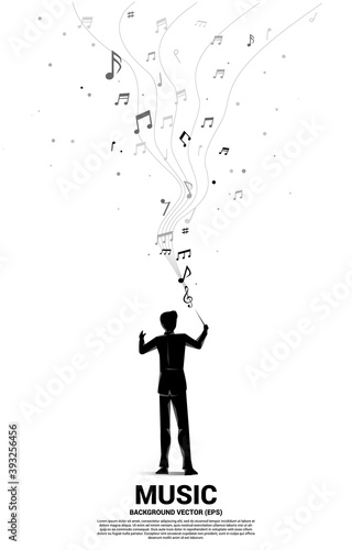 Vector silhouette of conductor standing with flying music note . Concept background for orchestra concert and recreation.