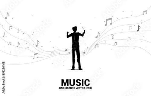 Vector silhouette of conductor standing with flying music note . Concept background for orchestra concert and recreation.