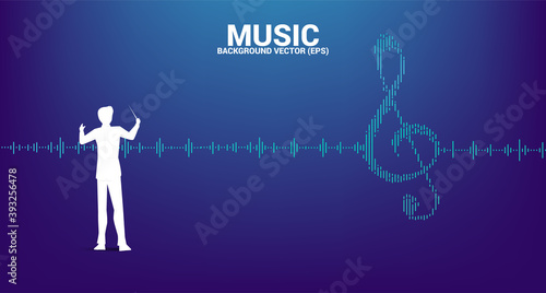 Vector silhouette of conductor with Sol key note icon Sound wave Music Equalizer background. background for event concert and music festival
