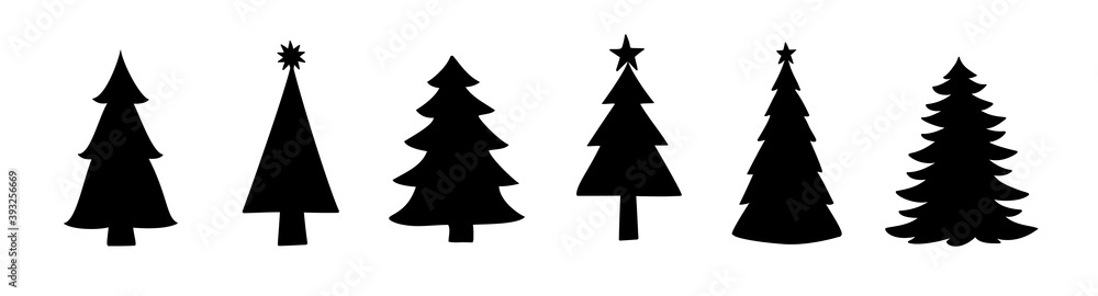 Fototapeta premium Silhouettes of Christmas trees. Vector illustration. Fir tree shapes. Simple symbols isolated on white. For winter season design of cards, holiday party posters, New Year banners or gift tags, stamps.