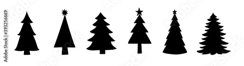Silhouettes of Christmas trees. Vector illustration. Fir tree shapes. Simple symbols isolated on white. For winter season design of cards, holiday party posters, New Year banners or gift tags, stamps.