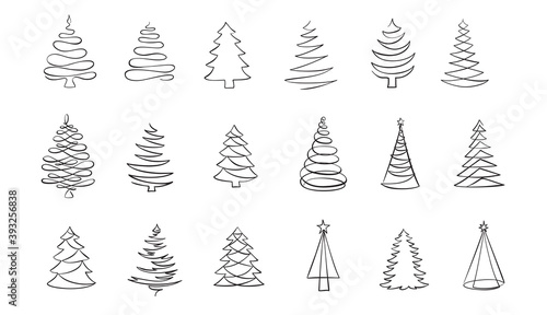 Christmas tree line drawing. Fir tree symbol, vector icon. Holiday design elements isolated on white. Simple shape concept. For winter season cards, New year party posters and banners.