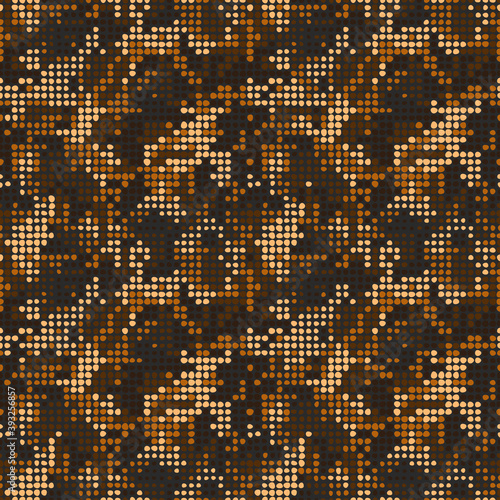 Golden glitter camo, halftone background with orange shining dots. Gold gradient digital camouflage point pattern. Luxury design banner. Vector template