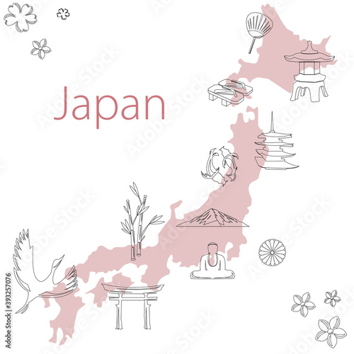 Japan vector map poster with traditional symbols and national signs, for travel and web design. Simple and nice illustration