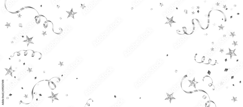 Celebration background with decoration isolated on white. Falling confetti, holiday border. Festive silver frame. For Christmas, New Year banners, birthday or wedding invitations, party flyers. Vector Celebration background with decoration isolated on white. Falling confetti, holiday border. Festive silver frame. For Christmas, New Year banners, birthday or wedding invitations, party flyers. Vector