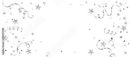 Celebration background with decoration isolated on white. Falling confetti, holiday border. Festive silver frame. For Christmas, New Year banners, birthday or wedding invitations, party flyers. Vector
