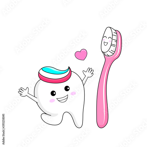 Cute cartoon tooth character with toothbrush. Dental care concept. Vector illustration.