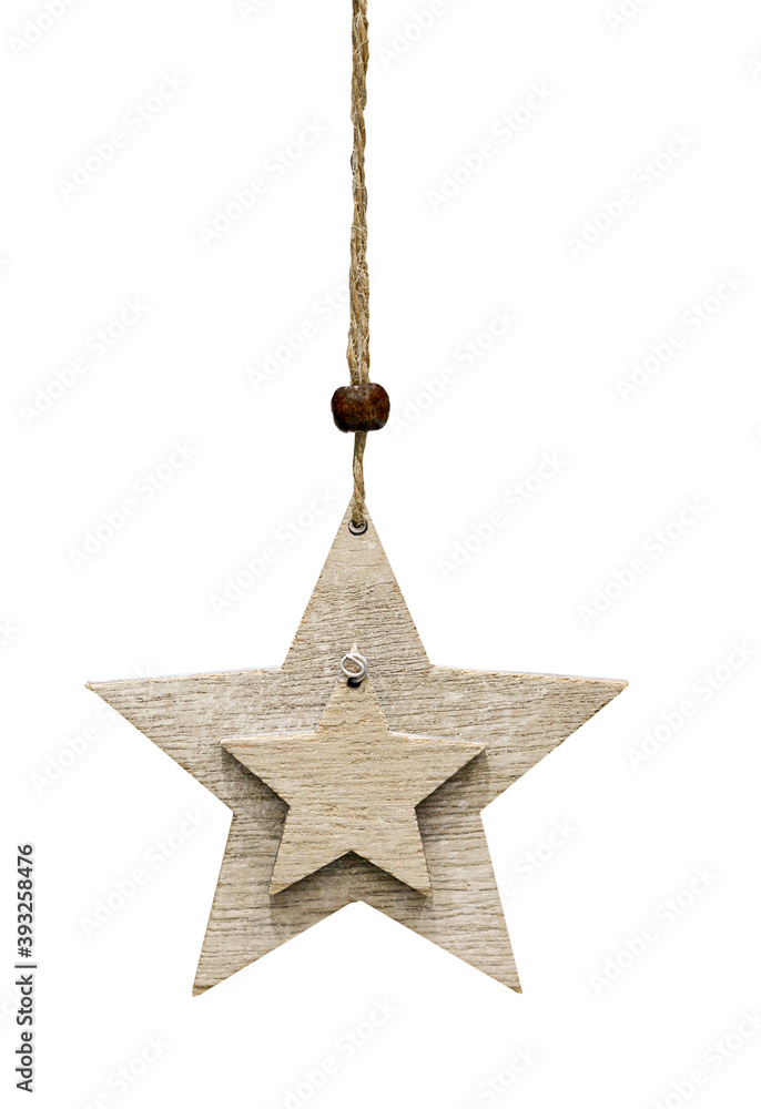 Wooden star, Christmas tree toy isolated on white background Wooden star, Christmas tree toy isolated on white background