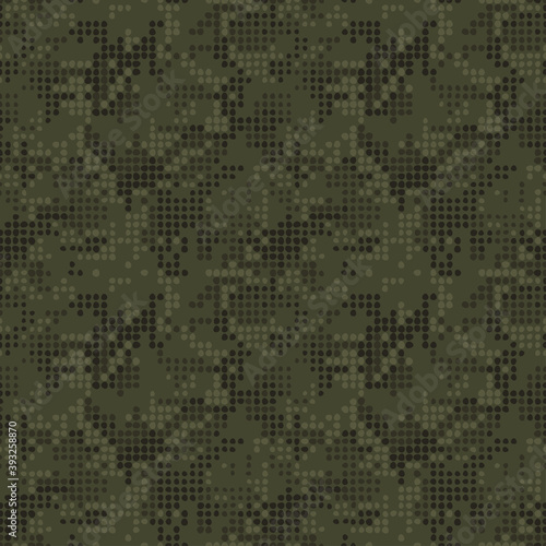 Digital military camouflage. Seamless camo pattern. Halftone dots background. Dark khaki green color. Abstract texture for print on fabric, textile or paper. Vector