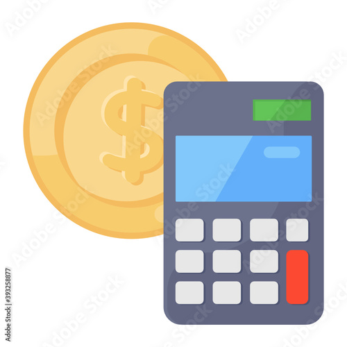  Dollar coin with calculator, flat icon of cost estimation 