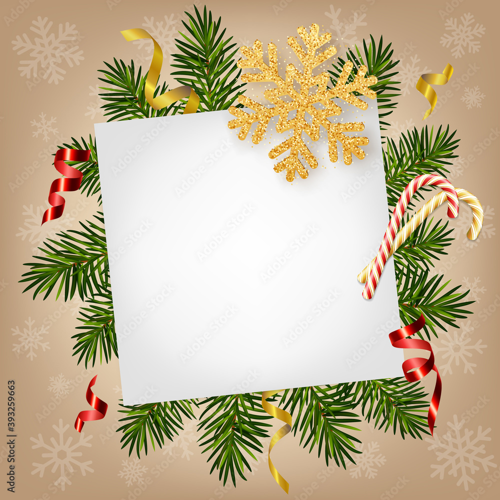 Christmas and New Year background with realistic pine branches, candy canes, serpentine, glitter gold snowflake. Template for Christmas and New Year greeting card, poster, postcard, banner Christmas and New Year background with realistic pine branches, candy canes, serpentine, glitter gold snowflake. Template for Christmas and New Year greeting card, poster, postcard, banner