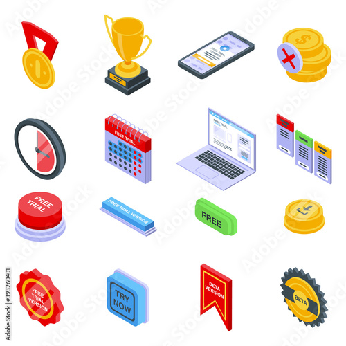 Free trial version icons set. Isometric set of free trial version vector icons for web design isolated on white background