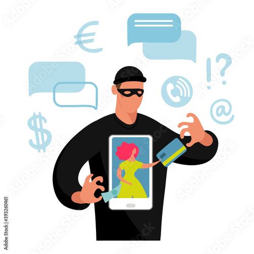 Conceptual illustration about online fraud, cybercrime, data hacking. The girl on the screen the phone and the dark silhouette of a fraudster stealing money and a bank card. Flat vector illustration