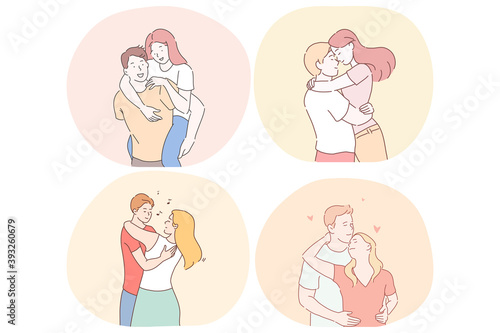 Romance, love, dating, relationship, togetherness concept. Happy young loving couples dating, hugging, loving and enjoying time together during meetings vector illustration 