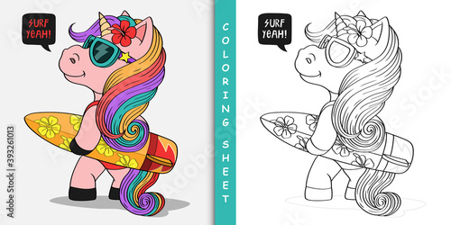 Cartoon unicorn with surfboard, Coloring sheet