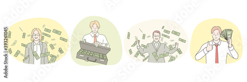 Making profit, success, rich people, high salary, businessman concept. Smiling rich business men and woman having heaps of american dollars paper cash and feeling happy to earn much money