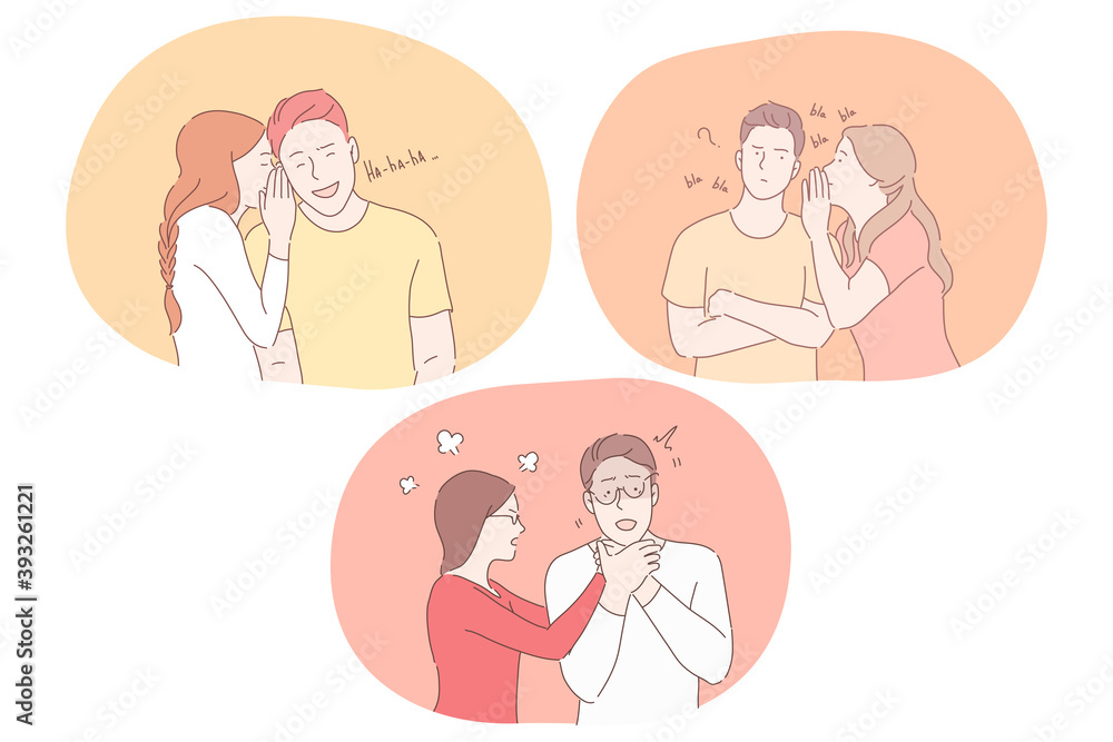 Love, hate and different emotions in couple relations concept. Young couples cartoon characters flirting, whispering secrets, talking, quarrelling and expressing various emotions vector illustration Love, hate and different emotions in couple relations concept. Young couples cartoon characters flirting, whispering secrets, talking, quarrelling and expressing various emotions vector illustration