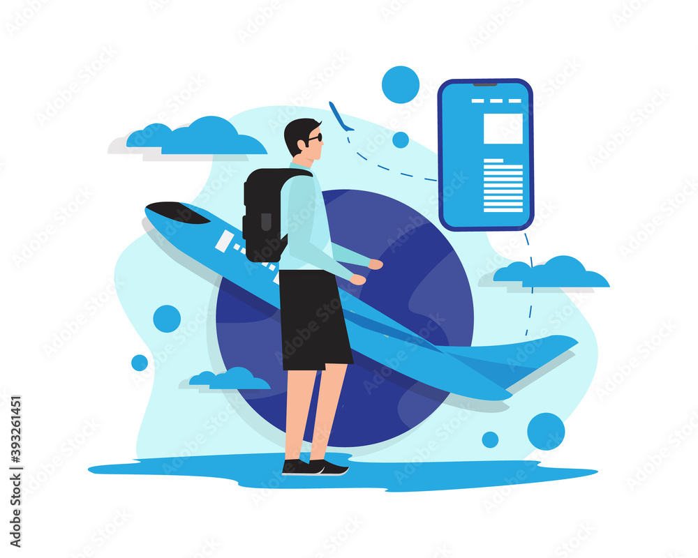 Travel illustration, someone going on vacation, boarding an airplane using online tickets. vector Travel illustration, someone going on vacation, boarding an airplane using online tickets. vector