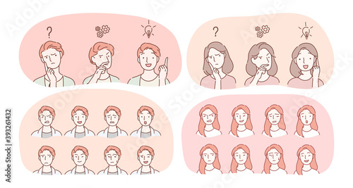Emotions, facial expression variety concept. Male and female face with various positive and negative expressions showing frustration, enlightenment, sadness, aggression, happiness, brooding, surprise