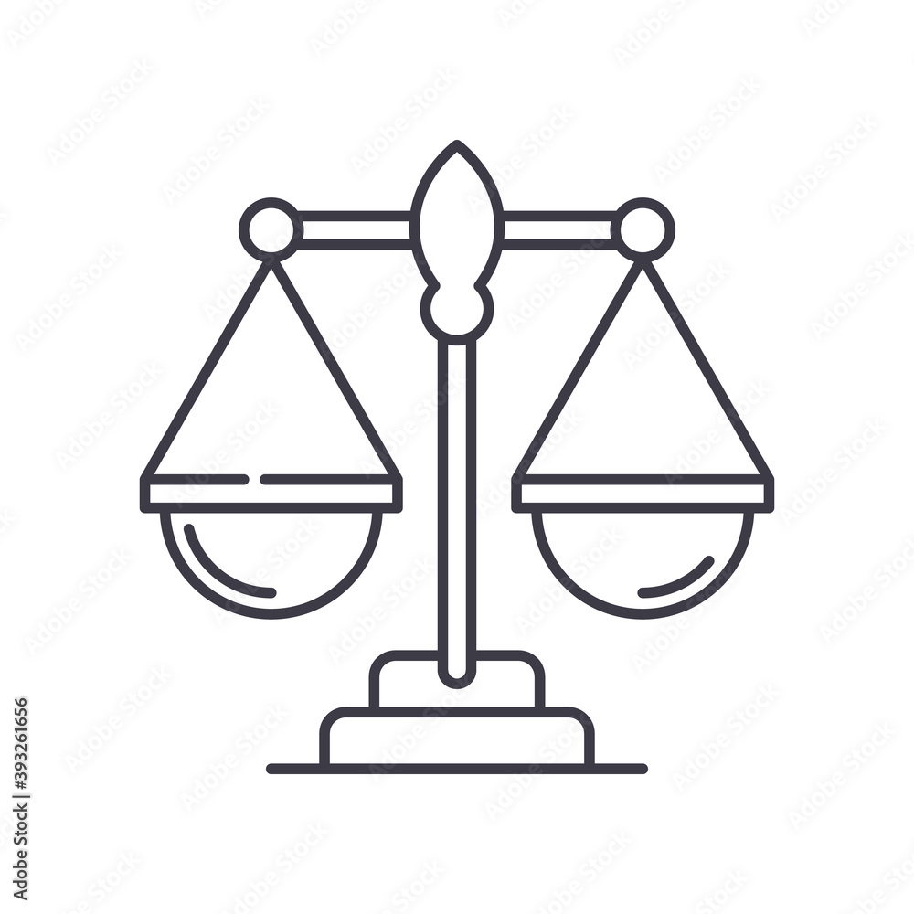 Law scales image icon, linear isolated illustration, thin line vector, web design sign, outline concept symbol with editable stroke on white background. Law scales image icon, linear isolated illustration, thin line vector, web design sign, outline concept symbol with editable stroke on white background.