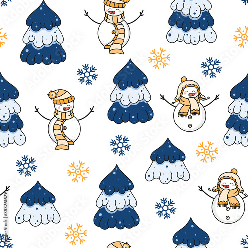 Christmas and New Year seamless pattern with cute snowy snowmen and trees. Beautiful hand drawn texture. Funny vector background for card, gift, print, packaging, wrapping paper, wallpaper, fabric.