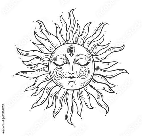 Vintage style illustration, sun with a face, stylized drawing, engraving. Mystical element for design in boho style, logo, tattoo. Vector illustration isolated on white