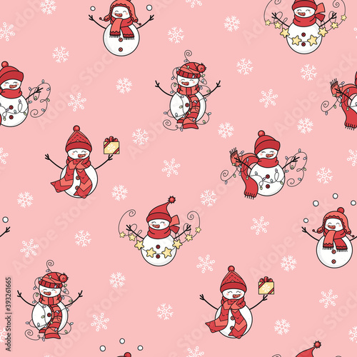 Seamless pattern with cute hand drawn snowmen with garlands, gift boxes and snowballs. Christmas vector background for kids room decor, print, poster, advertising, fabric, wallpaper, wrapping paper.
