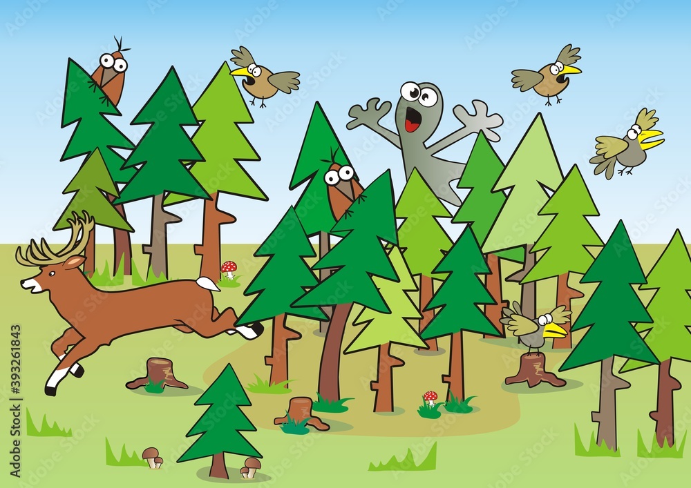 Haunted forest, animals and ghost, funny vector illustration