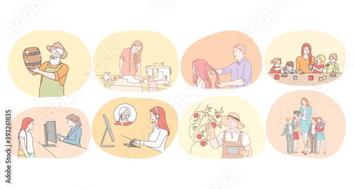 Various professions and occupation concept. People professional beekeeper, dressmaker, hairdresser, nanny in kindergarten, consultant, call center operator, farmer, teacher in school during work