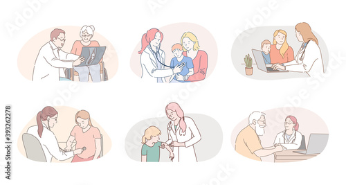 Medicare, healthcare, therapists, paediatricians working concept. Professional doctors therapists and pediatricians cartoon characters consulting and curing patients in medical clinics during visits 