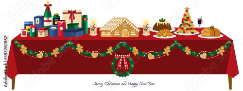 Illustration vector food and dessert on table on merry christmas party concept. Isolated mince pie, christmas tree fruits,traditional pudding,fruit cake on plate,pile of gifts,mulled wine,decoration