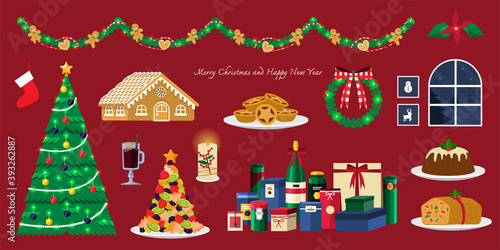 illustration vector flat cartoon of object on merry christmas concept, Christmas tree and decoration ,dessert,fruit cake,pudding,mince pies,gingerbread house,window on winter,sock ,mullet wine,garland